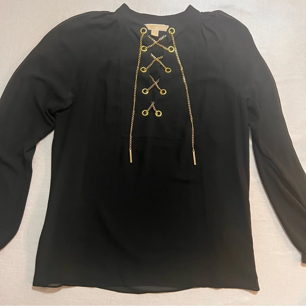MICHAEL KORS Black Chiffon Tunic w Gold-tone Metal Lace Up Front. Large
